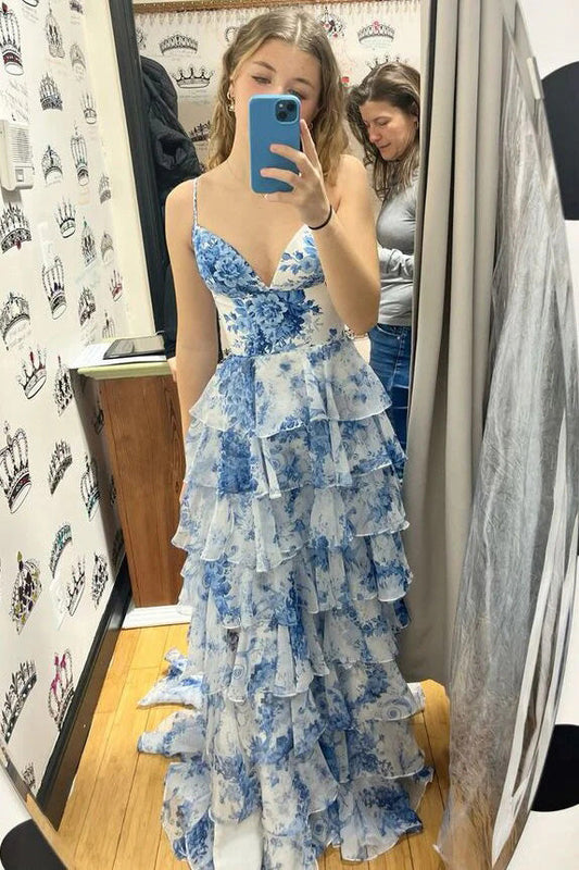 A-line Straps Blue Floral Print Prom Dresses, Layered Slit Graduation Gown WLD0369