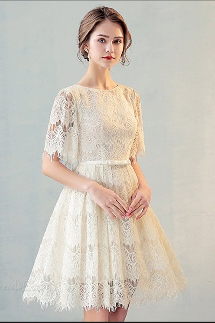 A Line Half Sleeves Lace Homecoming Dress, Cute Lace Sweet Dress with Belt WLD1948