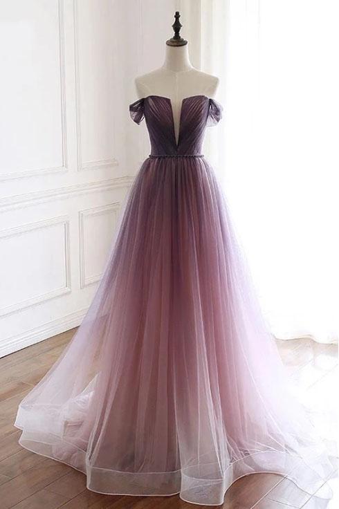 A Line Off the Shoulder Ombre Prom Dresses with Belt, Purple Gradient Long Tulle Formal Dress N2436