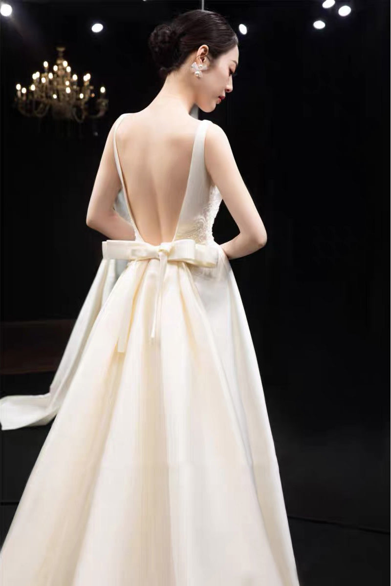 Simple A Line Satin Wedding Dress With Bowknot, Long Bridal Gown WLD0176