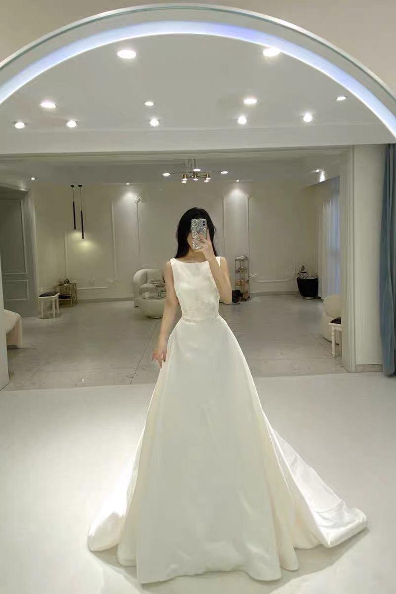 Simple A Line Satin Wedding Dress With Bowknot, Long Bridal Gown WLD0176