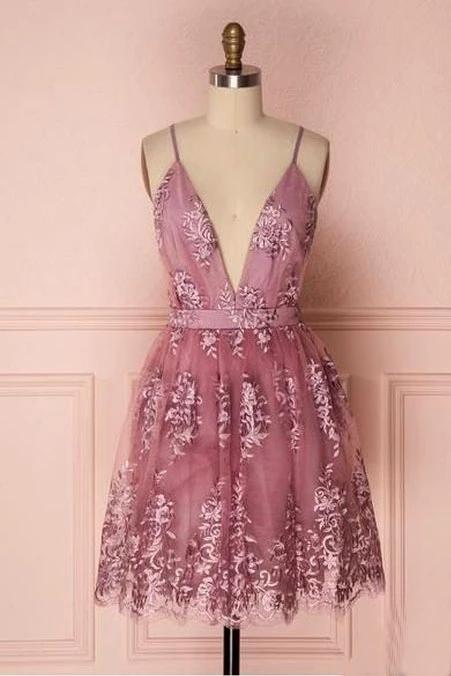 A Line Deep V Neck Spaghetti Straps Homecoming Dresses, Short Lace Prom Dresses WLD1989