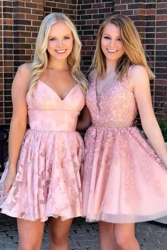 A Line Lace Appliques V Neck Above Knee Homecoming Dresses Short Prom Dress WLD2133