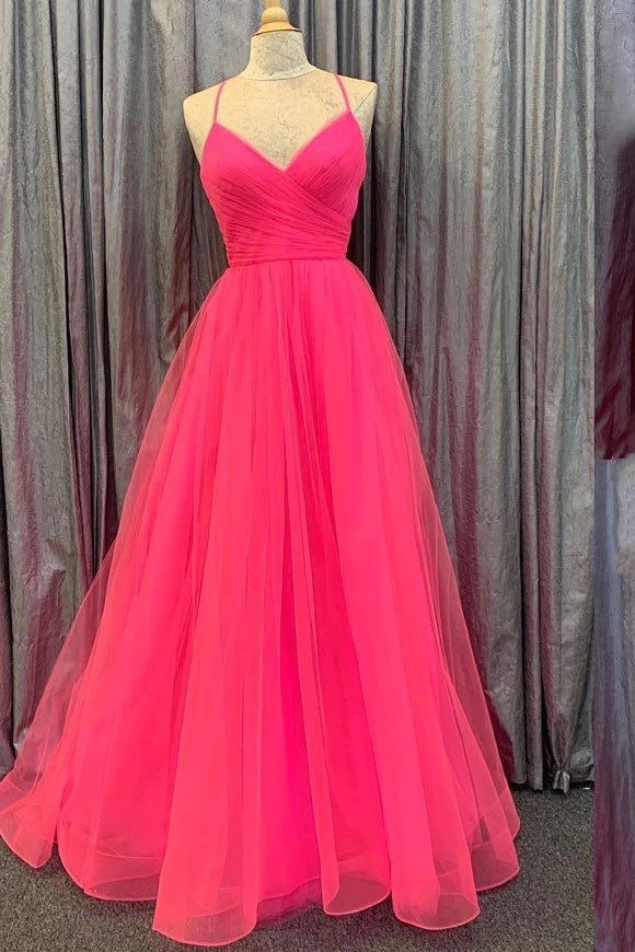Hot Pink Tulle Spaghetti Straps V Neck Prom Dresses With Slit,Long Party Gown WLD0174