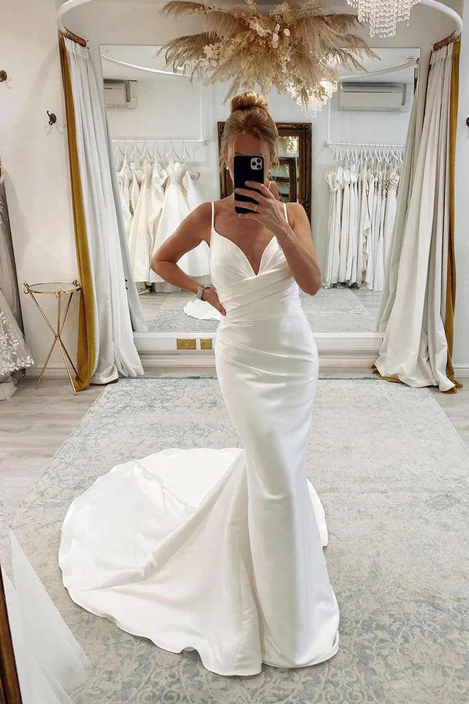 Spaghetti Straps V-Neck Pleats Simple Mermaid Satin Wedding Dress WLD0169