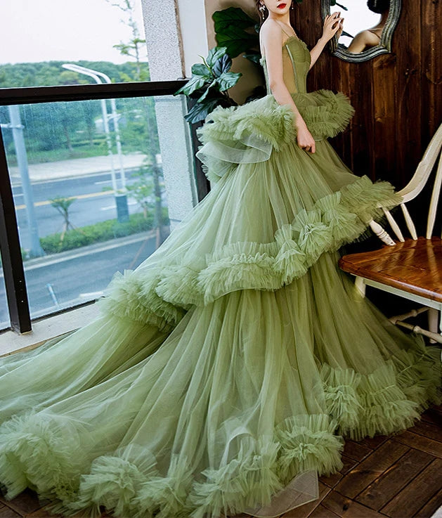 Princess Green Tulle Spaghetti Straps Lace up Prom Dresses With Layers, Sweetheart Formal Gown WLD0166