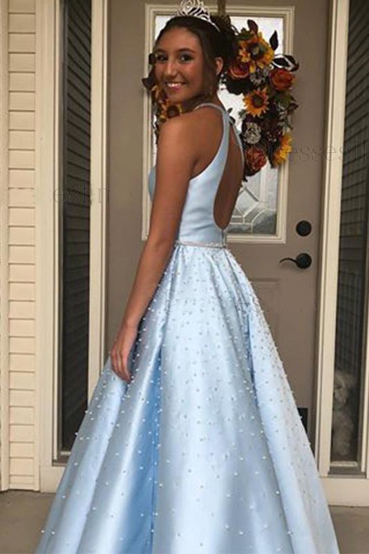 Light Blue Jewel Open Back Long Prom Dress with Pearls, A Line Sleeveless Formal Dress WLD2576