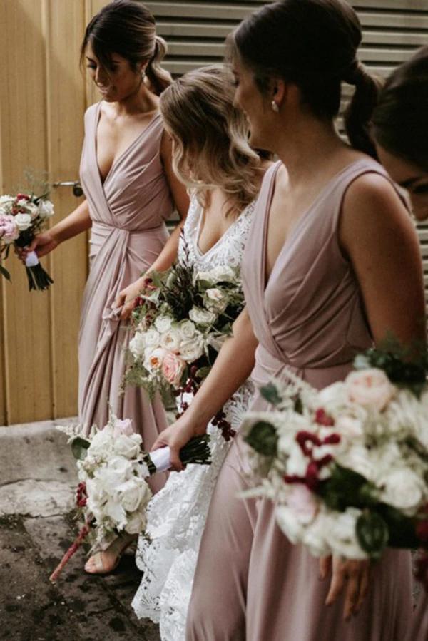 Chic V Neck Sleeveless Long Bridesmaid Dresses, Simple Floor Length Bridesmaid Dress WLD2513