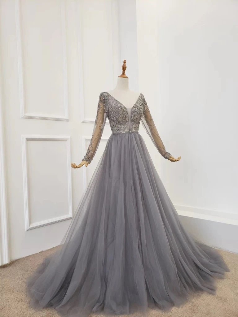 A Line V Neck Long Sleeves Tulle Gray Prom Dress with Beading, Cheap Party Dresses WLD2578