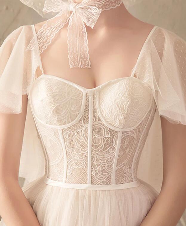 Unique Tulle Lace Long Wedding Dress, Ivory Short Sleeves Lace Up Back Bridal Dresses WLD2585