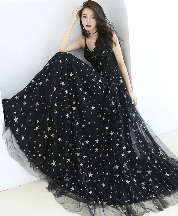 Black Spaghetti Straps Tulle Prom Dress with Stars, Floor Length Long Evening Dress WLD2580