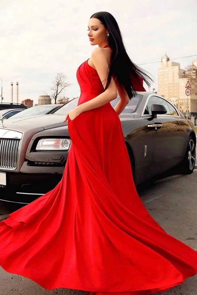 Stylish Red Halter Long Prom Dress, Floor Length Sleeveless Evening Dresses with Pockets WLD2619