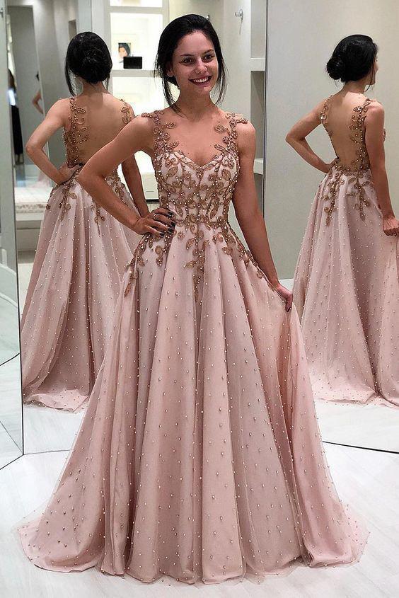 A Line Sheer Neck Long Prom Dress with Beads, Appliqued Long Evening Dress with Sheer Back N1815