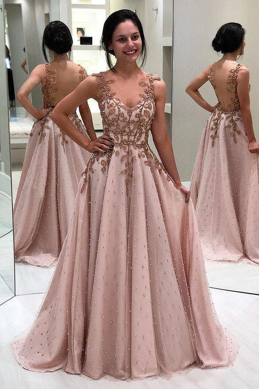 A Line Sheer Neck Long Prom Dress with Beads, Appliqued Long Evening Dress with Sheer Back N1815