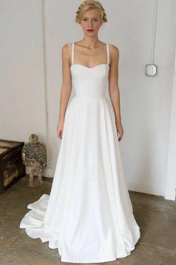 A-Line Straps Sweep Train Sleeveless Stain Simple Wedding Dress, Beach Wedding Gown WLD2486