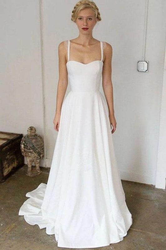 A-Line Straps Sweep Train Sleeveless Stain Simple Wedding Dress, Beach Wedding Gown WLD2486