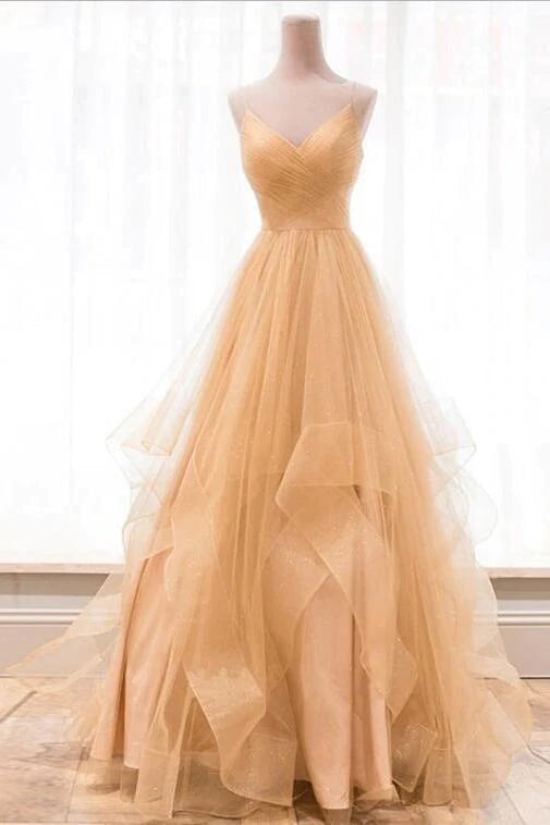 Sparky Spaghetti Straps V Neck Long Prom Dress, Backless Pleated Tulle Party Dresses WLD0095