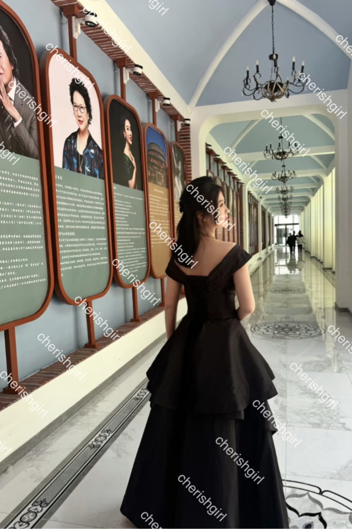 Off-the-Shoulder Black Tulle A-Line Long Prom Dress, Formal Dress CHP0409
