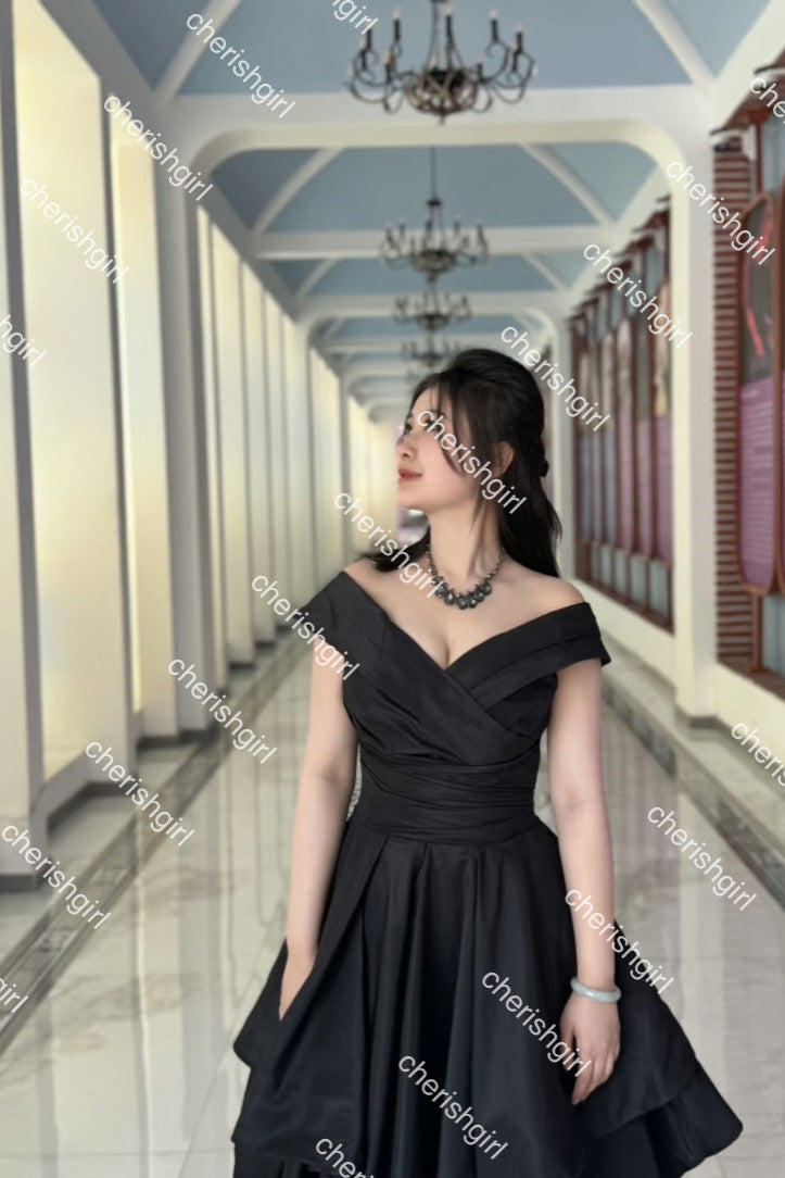 Off-the-Shoulder Black Tulle A-Line Long Prom Dress, Formal Dress WLD0409