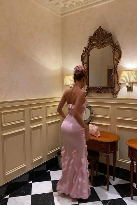 Halter Pink Mermaid Floor-Length Long Evening Dress , Prom Dress CHP0379