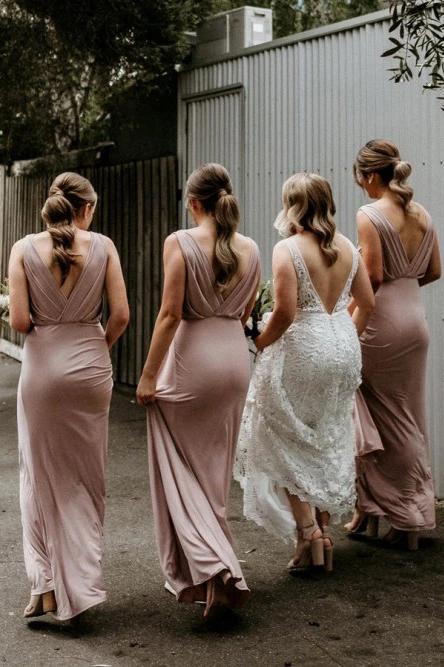 Chic V Neck Sleeveless Long Bridesmaid Dresses, Simple Floor Length Bridesmaid Dress WLD2513