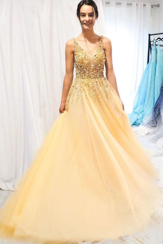 A Line Floor Length Tulle Prom Dress with Sequins, Cheap V Neck Long Formal Dresses WLD2570