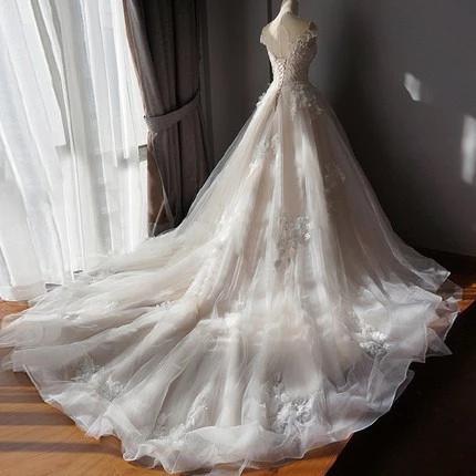 Stunning Off the Shoulder Tulle Wedding Dress with Lace Applique, Bridal Dress with Long Train WLD2522