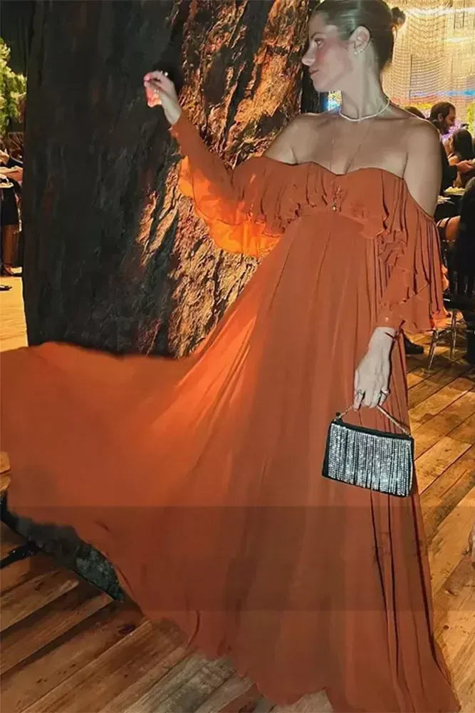 Off-the-Shoulder Classic Chiffon Evening Dresses With Ruffles, A Line Long Prom Gowns CHP0415