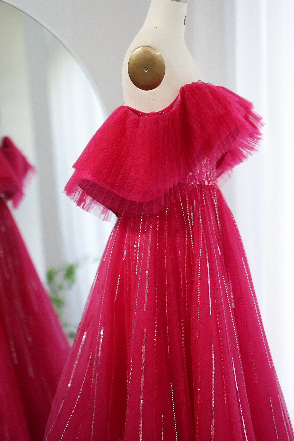 Hot Pink Off The Shoulder Long Prom Dress, A Line Party Dresses With Sequin WLD0266