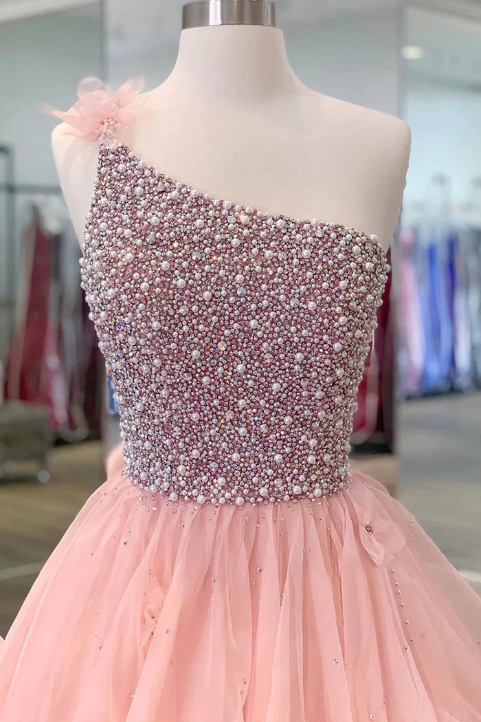 Pink One Shoulder Beaded Prom Dress, Pink Tulle Layers Evening Gown WLD0324