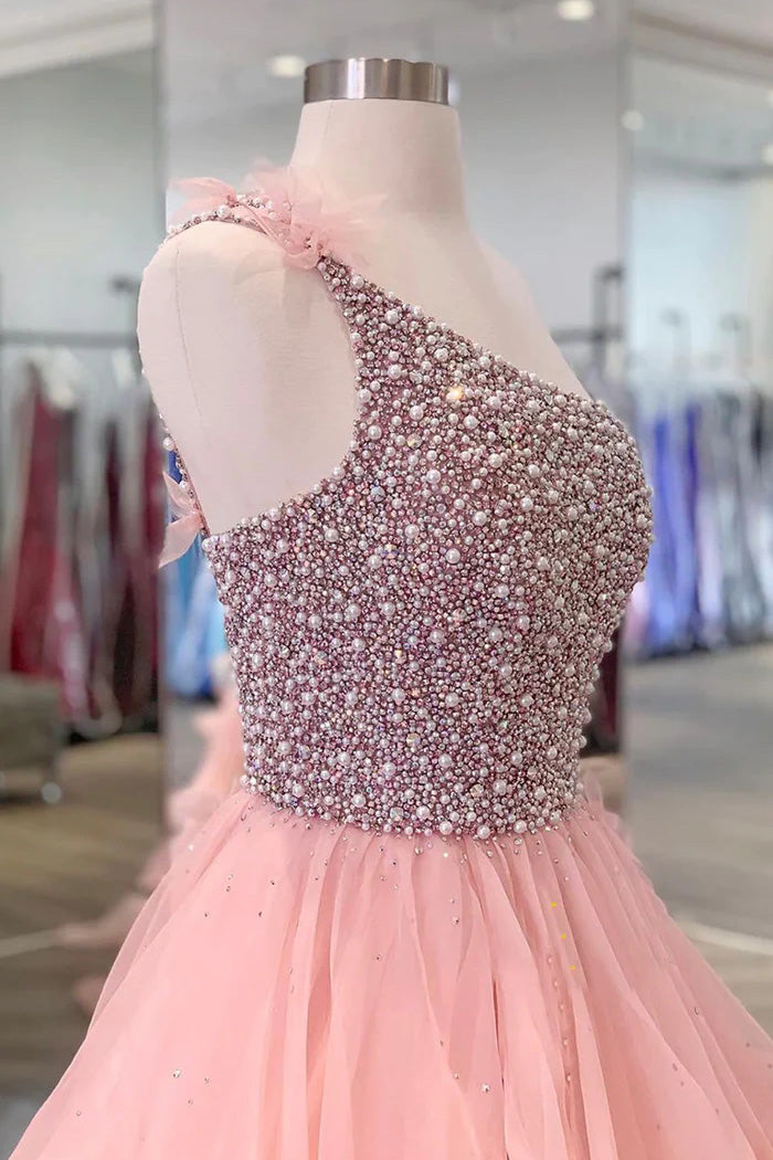 Pink One Shoulder Beaded Prom Dress, Pink Tulle Layers Evening Gown WLD0324