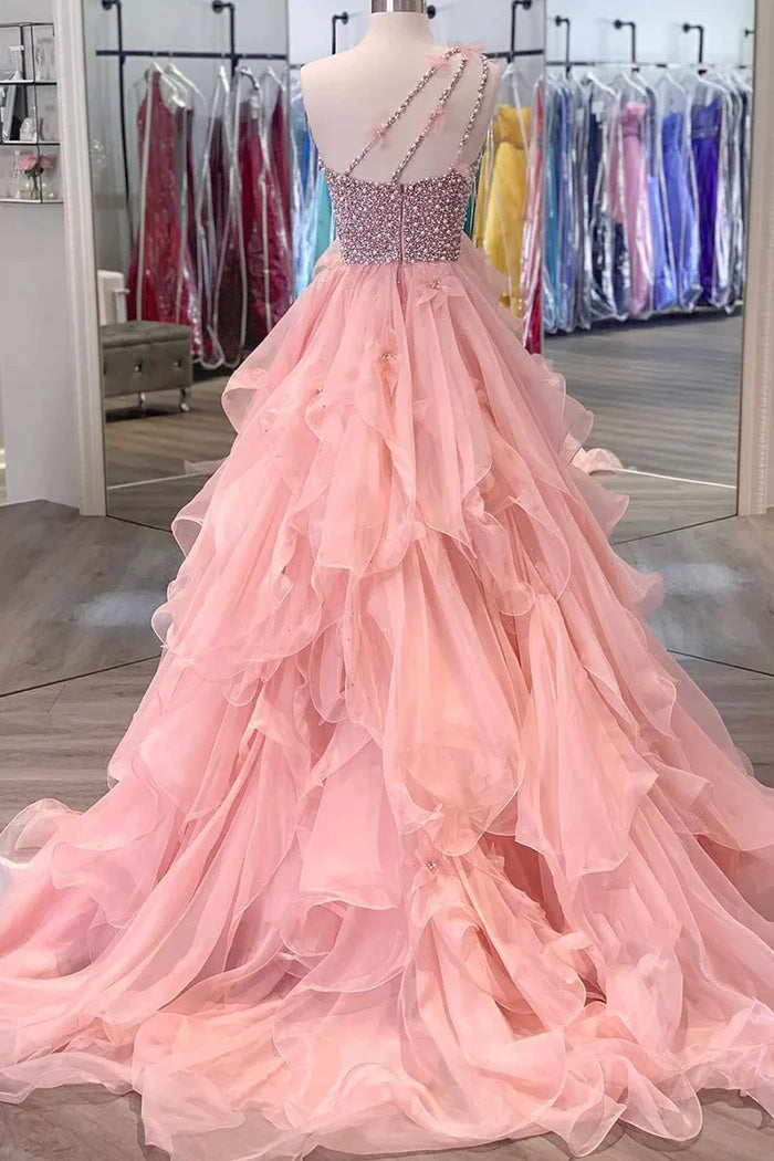 Pink One Shoulder Beaded Prom Dress, Pink Tulle Layers Evening Gown WLD0324