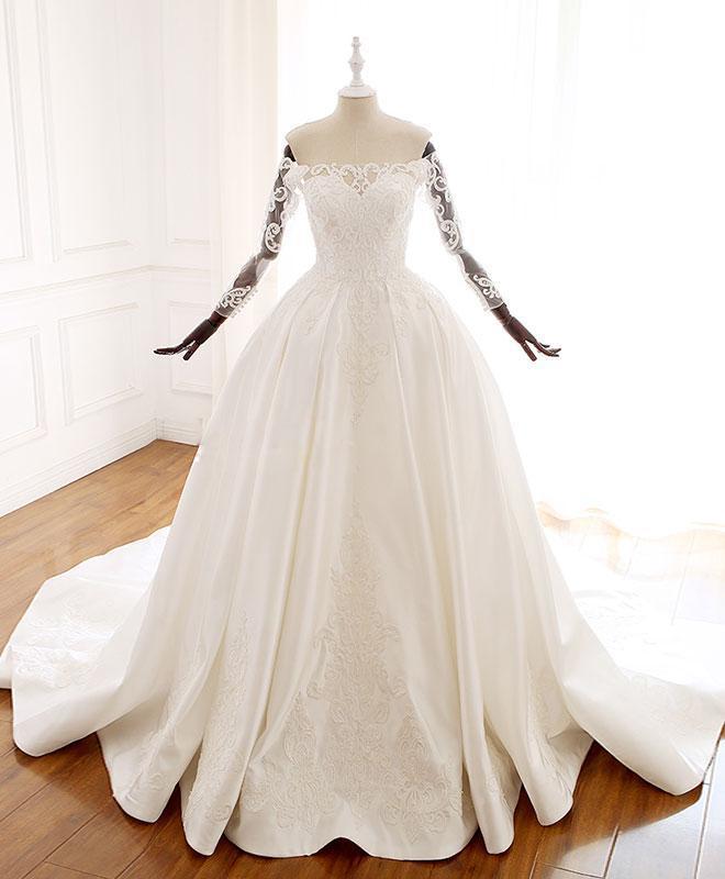 Ball Gown Long Sleeves Wedding Dress with Lace Appliques, Satin Bridal Gown WLD2582