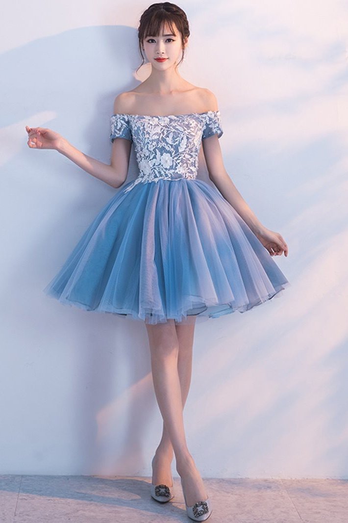 A Line Off The Shoulder Applique Short Homecoming Dress, Puffy Cocktail Dresses WLD234