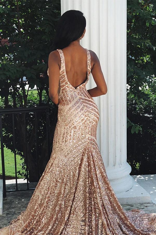 Sparkly Mermaid V Neck Sleeveless Prom Dresses, Sexy Sweep Train Long Prom Dress WLD2560