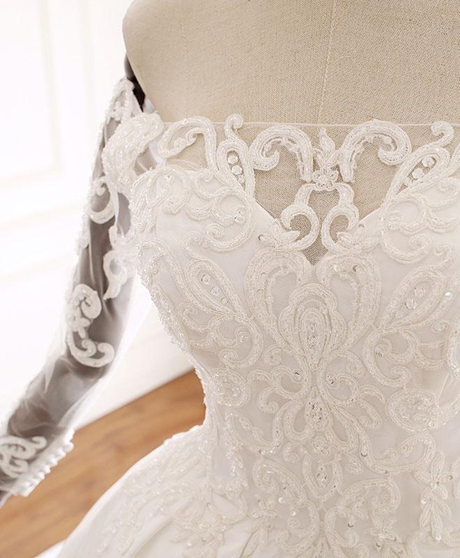 Ball Gown Long Sleeves Wedding Dress with Lace Appliques, Satin Bridal Gown WLD2582