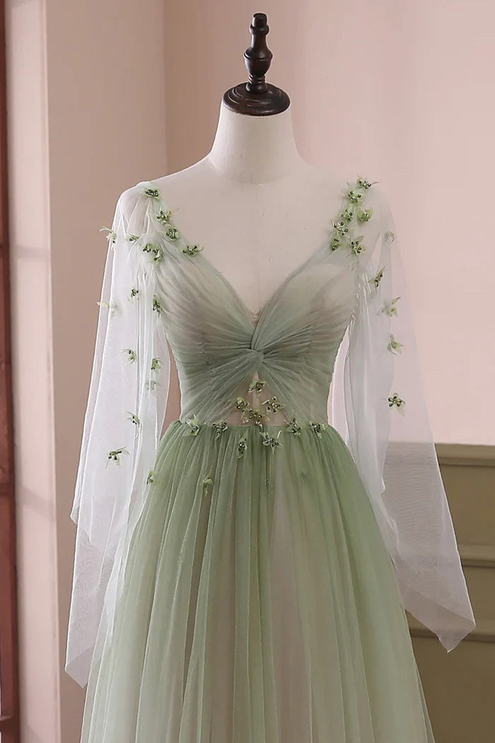 Beautiful Gradient Tulle Green Long Sleeves Party Dress, Evening Formal Dresses WLD0323