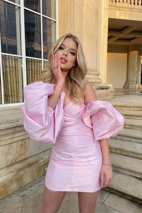 Sheath Pink Sweetheart Mini Homecoming Dress With Lantern Sleeves, Short Graduation Dresses WLD0161