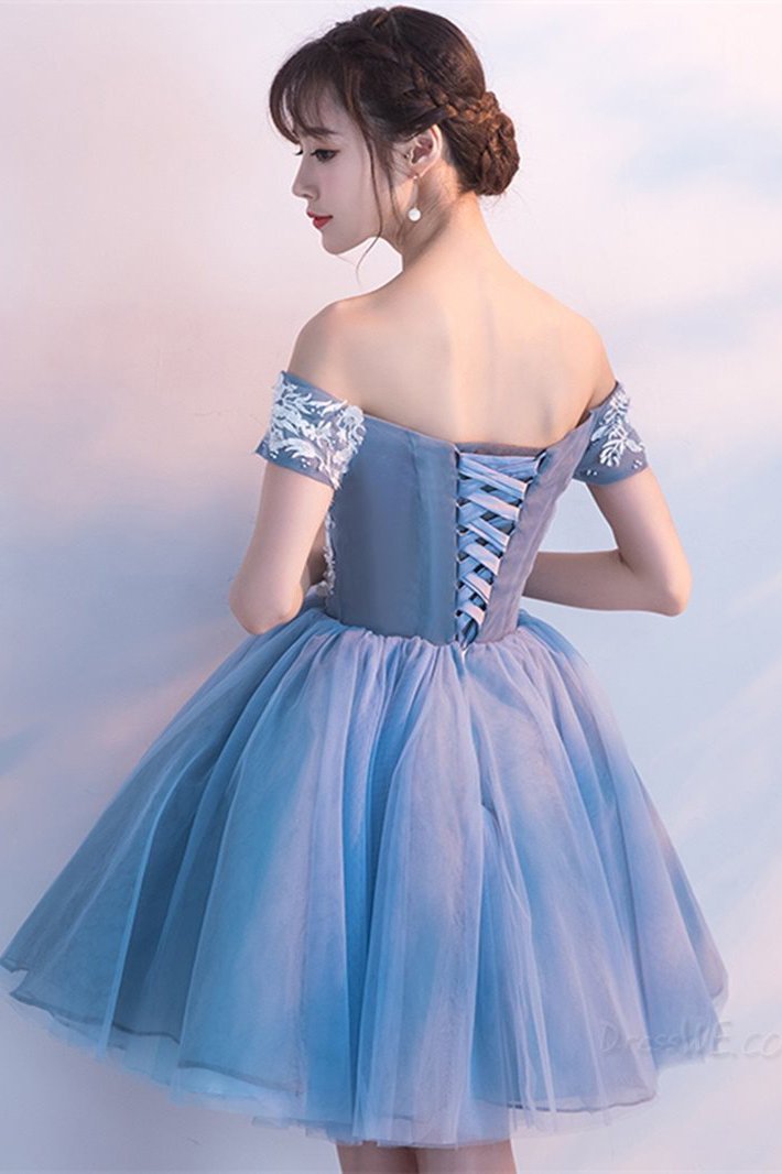 A Line Off The Shoulder Applique Short Homecoming Dress, Puffy Cocktail Dresses WLD234