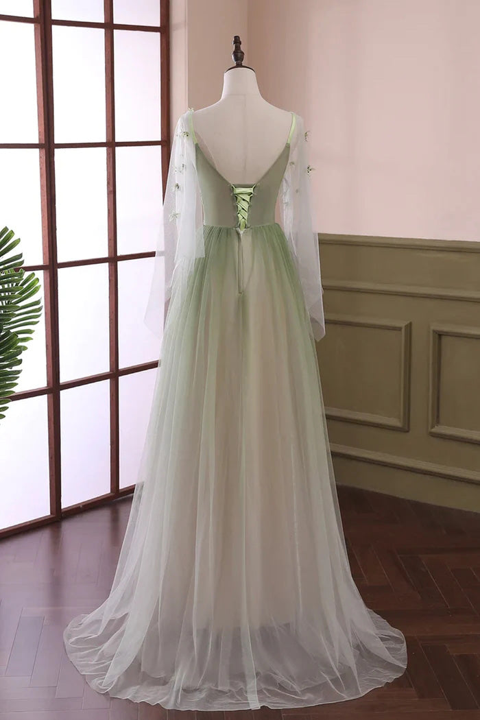 Beautiful Gradient Tulle Green Long Sleeves Party Dress, Evening Formal Dresses WLD0323