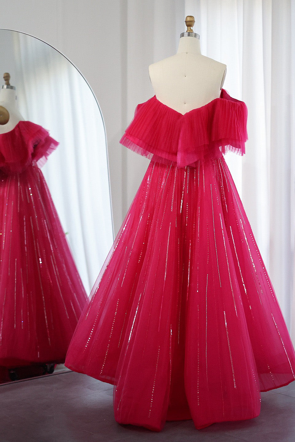 Hot Pink Off The Shoulder Long Prom Dress, A Line Party Dresses With Sequin WLD0266