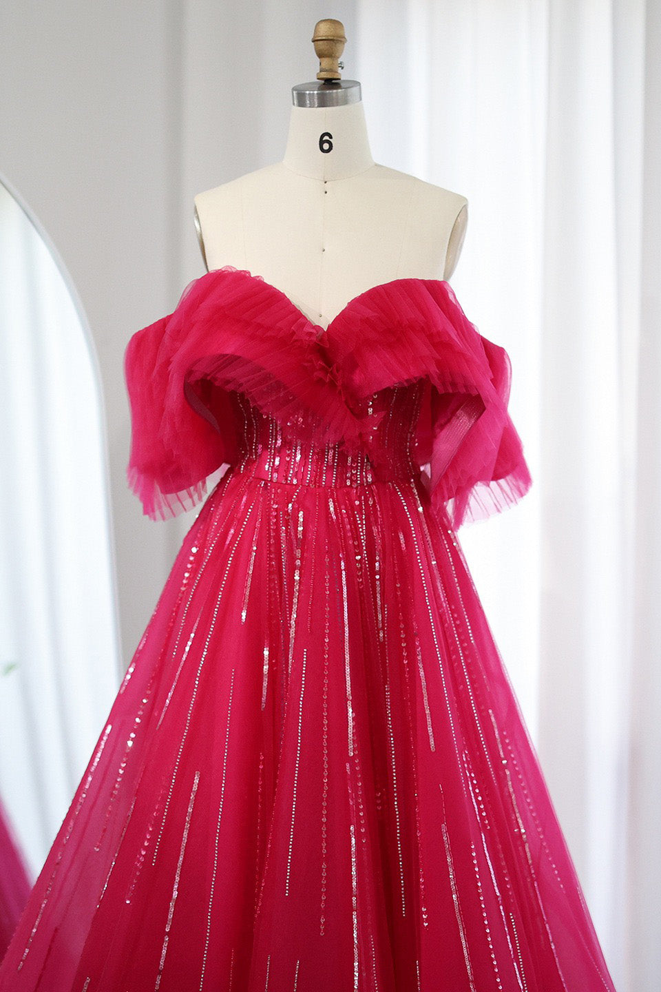 Hot Pink Off The Shoulder Long Prom Dress, A Line Party Dresses With Sequin WLD0266