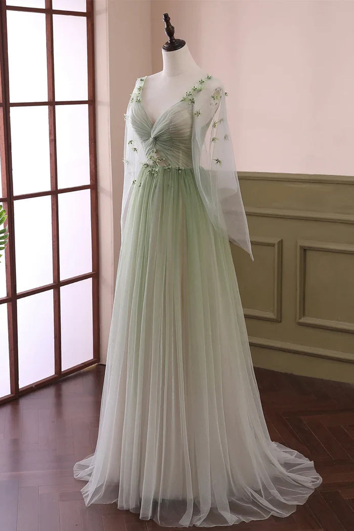 Beautiful Gradient Tulle Green Long Sleeves Party Dress, Evening Formal Dresses WLD0323