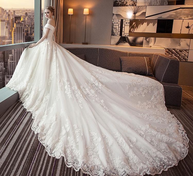 Gorgeous Off the Shoulder Lace Long Train Wedding Dresses, Princess Bridal Dresses WLD2581