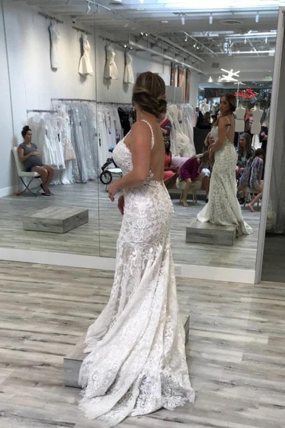Spaghetti Straps Mermaid V Neck Backless Lace Wedding Dresses with Train WLD2504