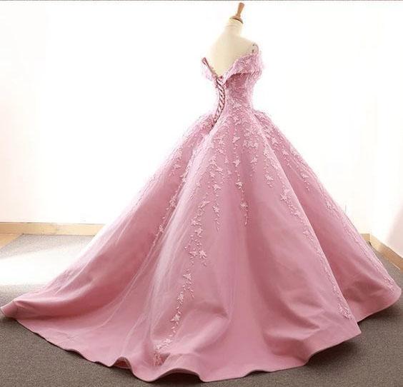 Ball Gown Off the Shoulder Satin Prom Dress with Lace Appliques, Long Quinceanera Dress WLD2530