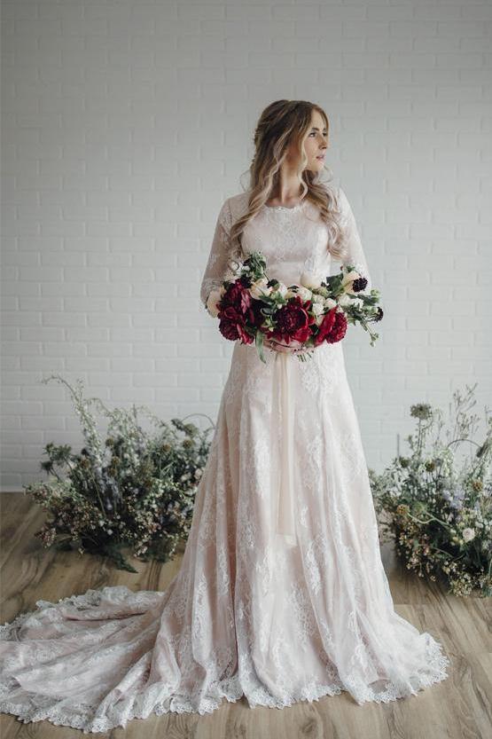 A Line Long Sleeve Lace Wedding Dresses Plus Size Vintage Rustic Wedding Dress WLD2263