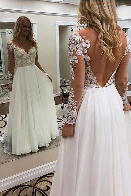 A Line Floor Length Long Sleeves V Neck Tulle Beach Wedding Dress with Lace Appliques WLD2420