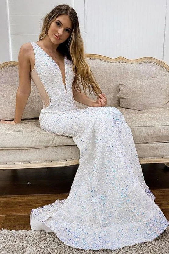 Glitter White Deep V Neck Mermaid Prom Evening Gown, Sequined Long Party Dress  WLD0096