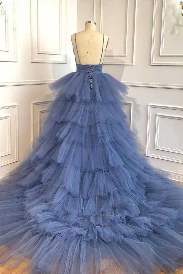 Gorgeous A Line Blue V-neck Sleeveless Prom Dresses,Long Formal Gown With Layers WLD0093